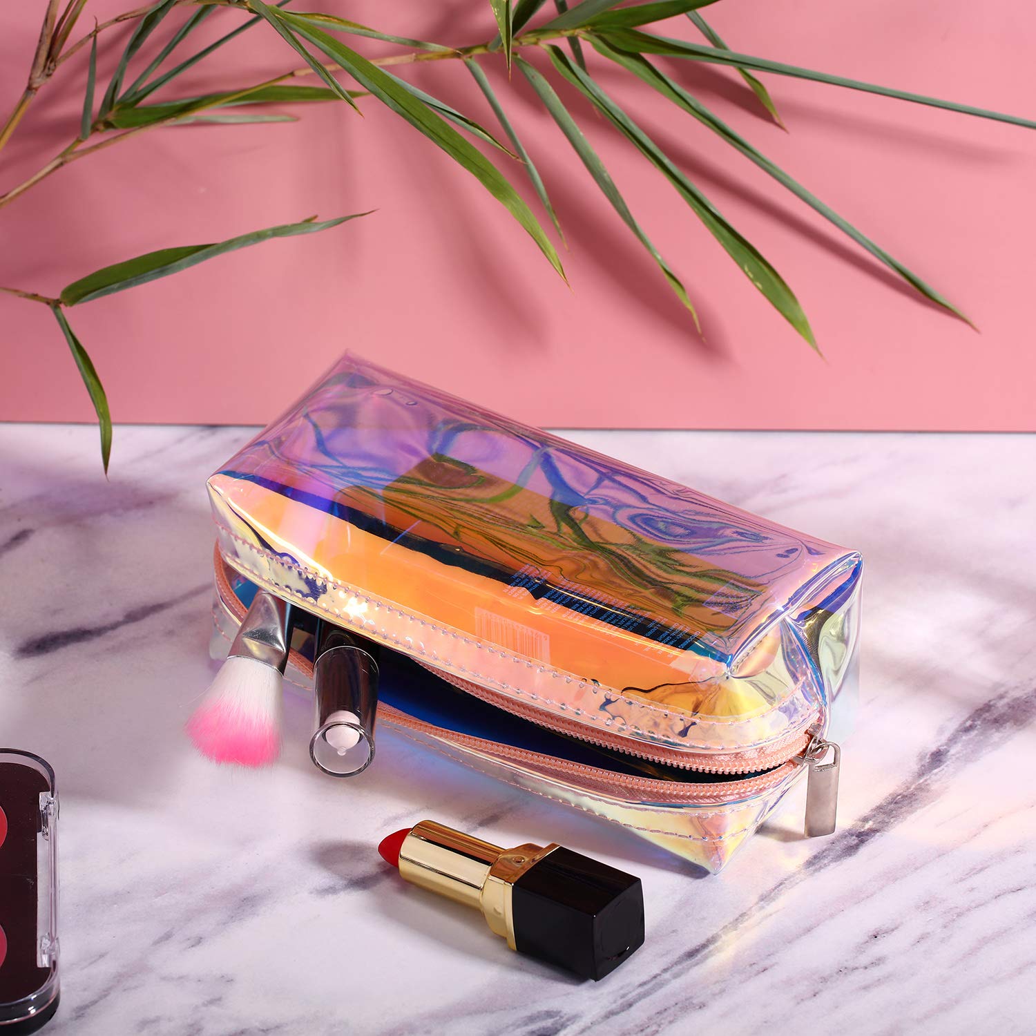 Boao 4 Pieces Holographic Makeup Bag Iridescent Cosmetic Bag Bride Bridesmaid Waterproof Toiletries Bag for Wedding Bachelorette Beach Party