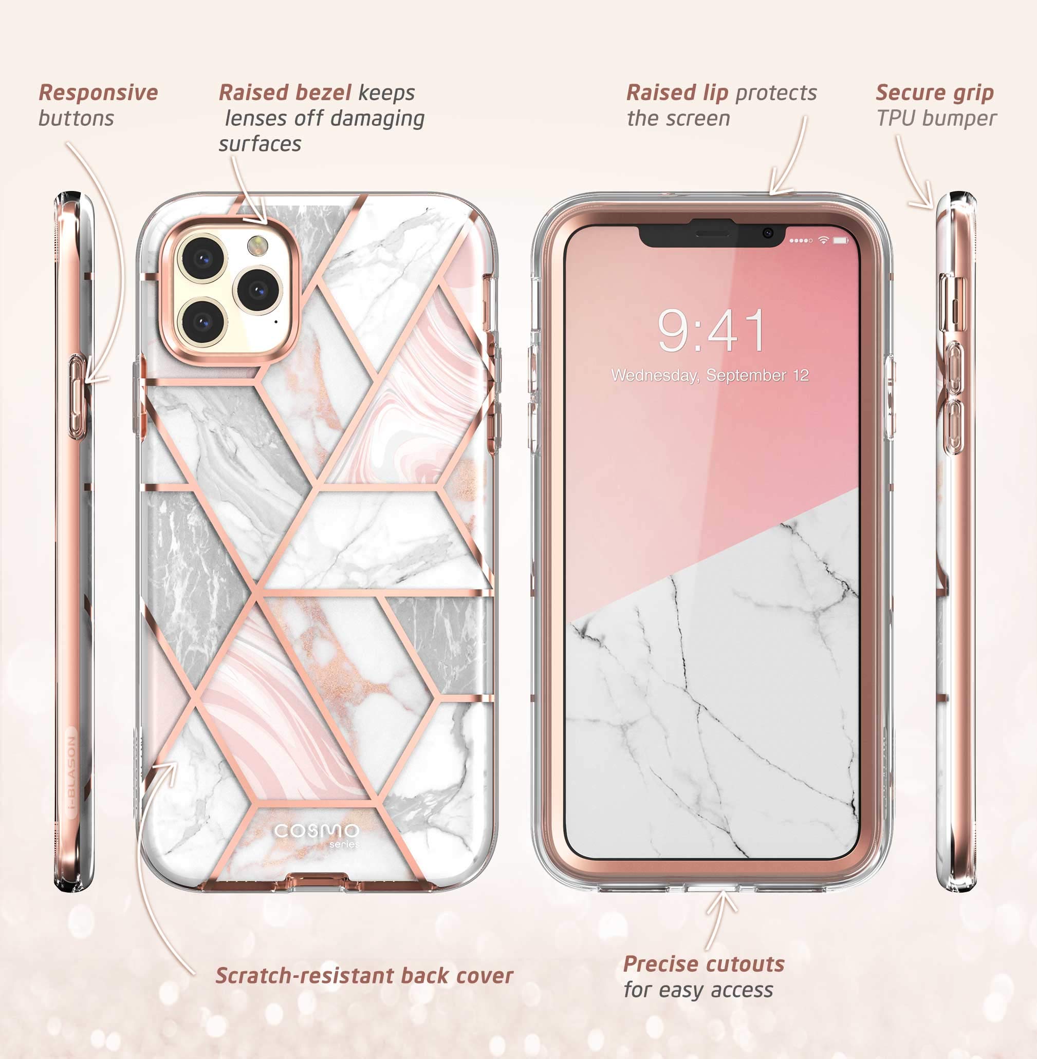 i-Blason Cosmo Series Case for iPhone 11 Pro Max 2019 Release, Slim Full-Body Stylish Protective Case with Built-in Screen Protector (Marble)