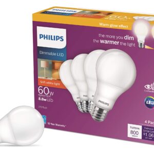 PHILIPS LED Flicker-Free Frosted Dimmable A19 Light Bulb - EyeComfort Technology - 800 Lumen - Soft White (2700K) – 8.8W=60W - E26 Base - Ultra Definition Old Version - Indoor - 4-Pack