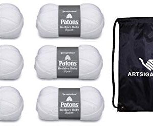 Patons Beehive Baby Sport Solids Angel White 246009-9005 (6-Pack - Same Dye Lot) DK Light Worsted #3 Acrylic, Nylon Yarn for Crocheting and Knitting - Bundle with 1 Artsiga Crafts Project Bag