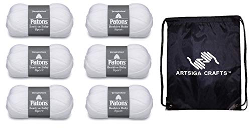 Patons Beehive Baby Sport Solids Angel White 246009-9005 (6-Pack - Same Dye Lot) DK Light Worsted #3 Acrylic, Nylon Yarn for Crocheting and Knitting - Bundle with 1 Artsiga Crafts Project Bag