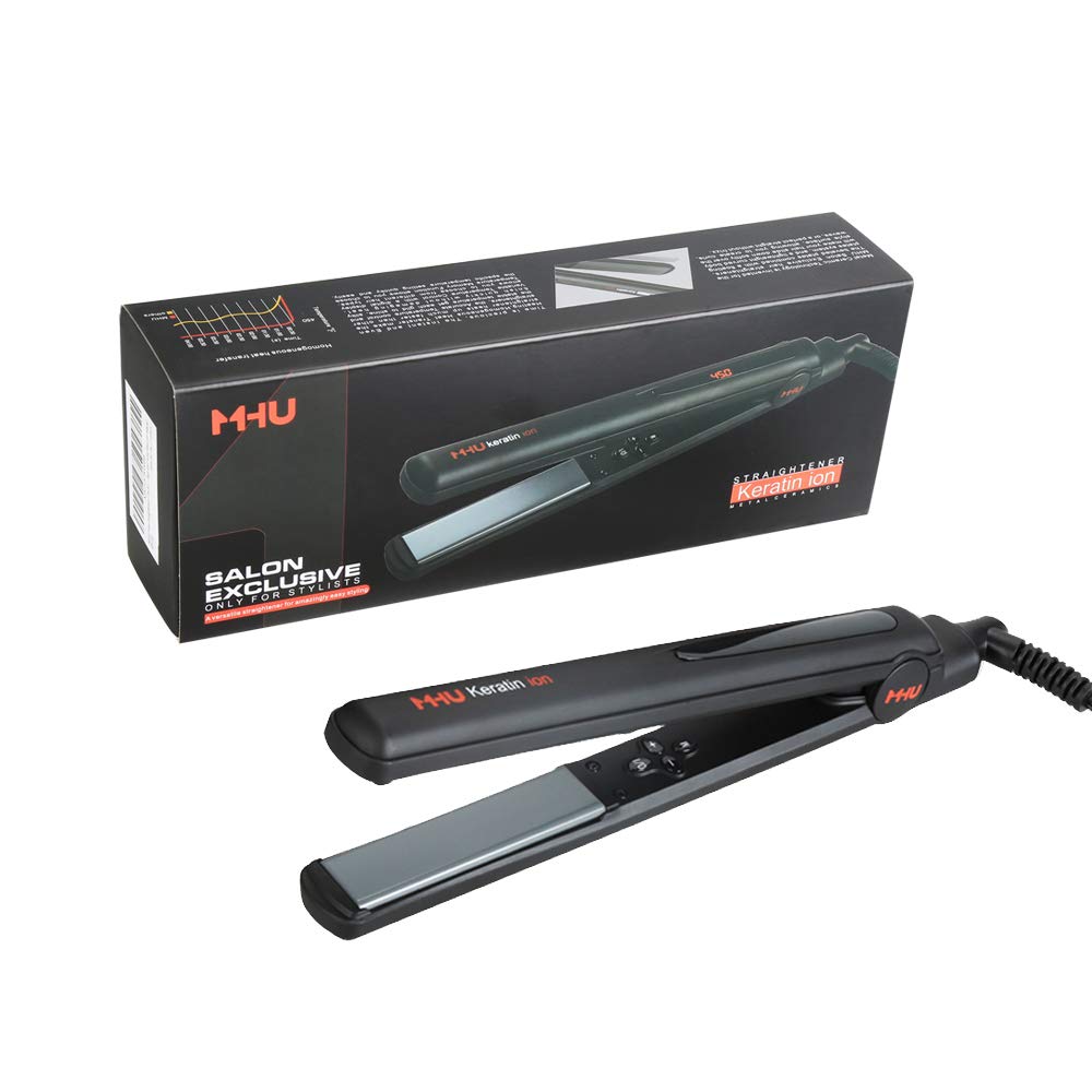 MHU Hair Straightener 1 Inch Instant Heat, Tourmaline Ceramic 3D Floating Plates, Keratin Ion Flat Iron Auto Shut-Off and Adjustment Temperature, Black