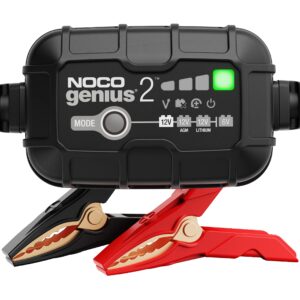 noco genius2, 2a smart car battery charger, 6v and 12v automotive charger, battery maintainer, trickle charger, float charger and desulfator for motorcycle, atv, lithium and deep cycle batteries