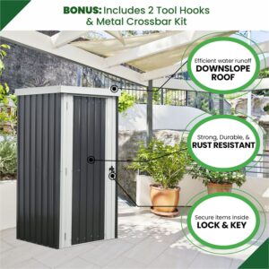 Hanover Galvanized Steel Single Door Patio Storage Shed for Garden Tools with Twist Lock and Key Security, 2 Tool Hooks (3'x3'x6') Dark Gray, White Rust Resistant Outdoor Storage for Yard Supplies