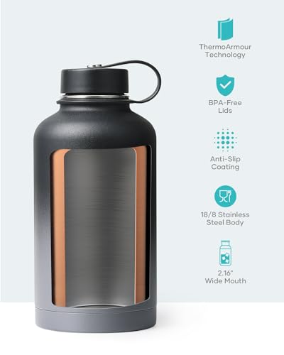 Insulated Water Bottle 64 oz with Straw Lid and Flex Lid, BUZIO 64oz Stainless Steel Water Bottle Half Gallon Jug Flask, Double Wall Vacuum Sports Thermo Mug, Cold Hot Hydro Metal Canteen