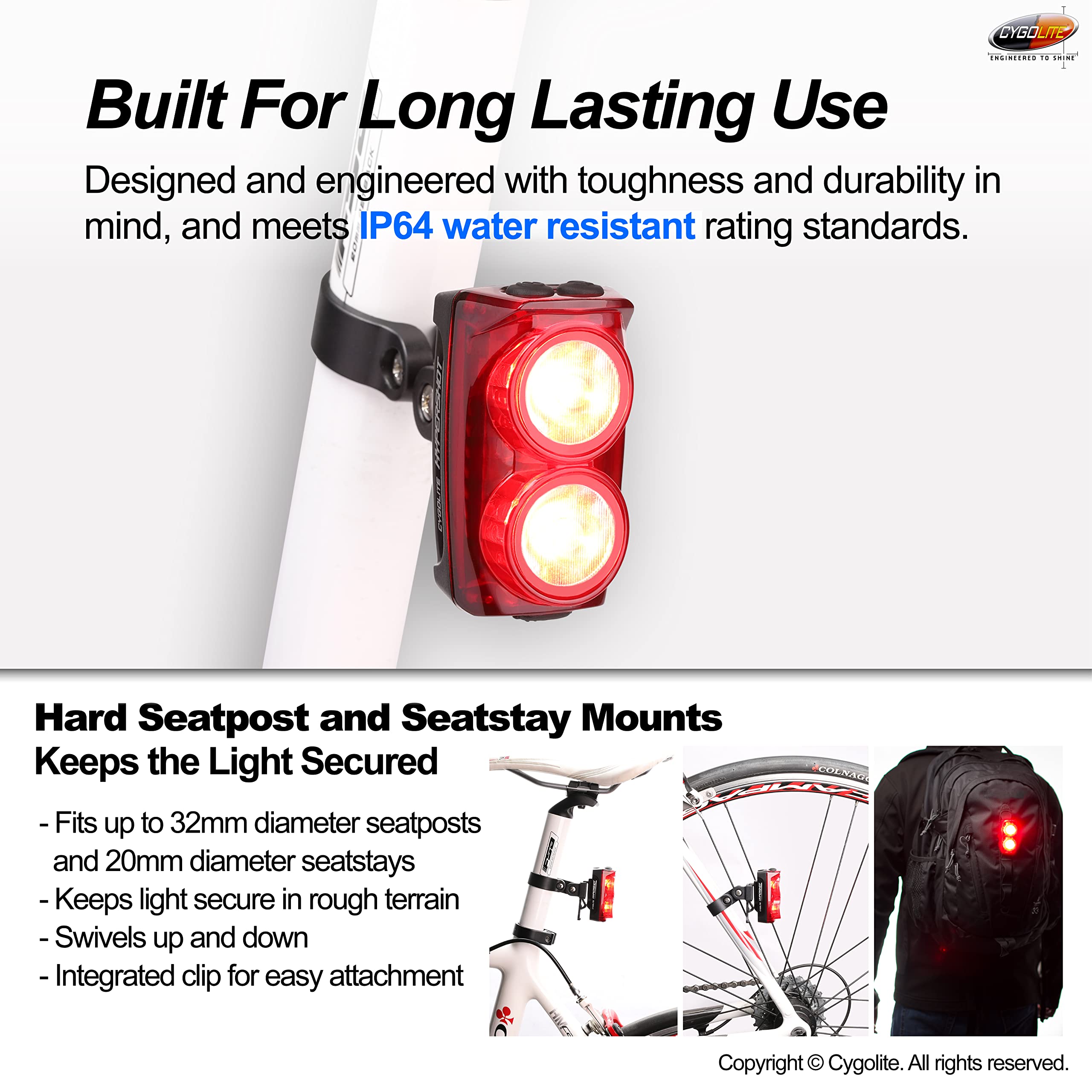 Cygolite Hypershot – 350 Lumen Bike Tail Light– 7 Night & Daytime Modes–User Adjustable Flash Speeds- Compact & Durable–IP64 Water Resistant–Secured Hard Mount–USB Rechargeable–Great for Busy Streets