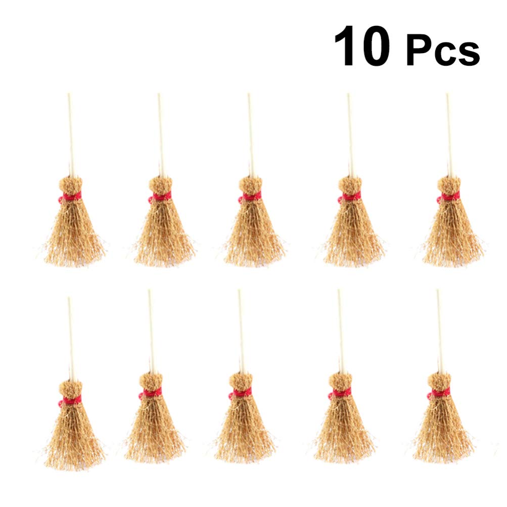 HEALLILY Mini Broom Straw Craft Decoration Artificial Brooms with Red Rope Witches Accessory for Halloween Party 10Pcs 9.54x4 x2cm