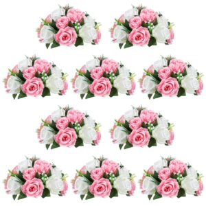 nuptio pcs of 10 fake flower ball arrangement bouquet,15 heads plastic roses with base, suitable for our store's wedding centerpiece flower rack for parties valentine's day home décor (pink & white)