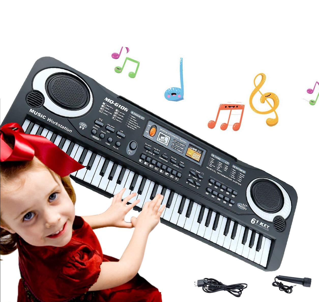 Keyboard Piano Kids 61 Key Electronic Digital Piano Musical Instrument Kit with Microphone Music Home Teaching Toys for Boy Girls (Black)