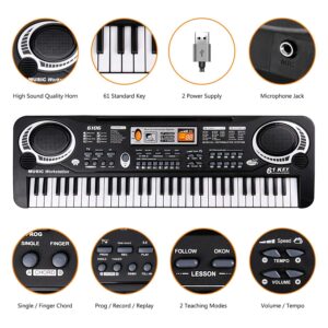 Keyboard Piano Kids 61 Key Electronic Digital Piano Musical Instrument Kit with Microphone Music Home Teaching Toys for Boy Girls (Black)