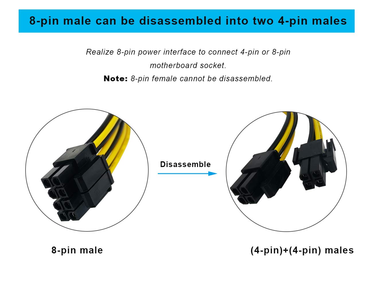 ZLKSKER 8 Pin CPU Power Cable/Adapter (8 Inch, 18AWG), 8 Pin Male (4+4) to 8 Pin Female Connector, ATX 12V Internal Power Extension Cable