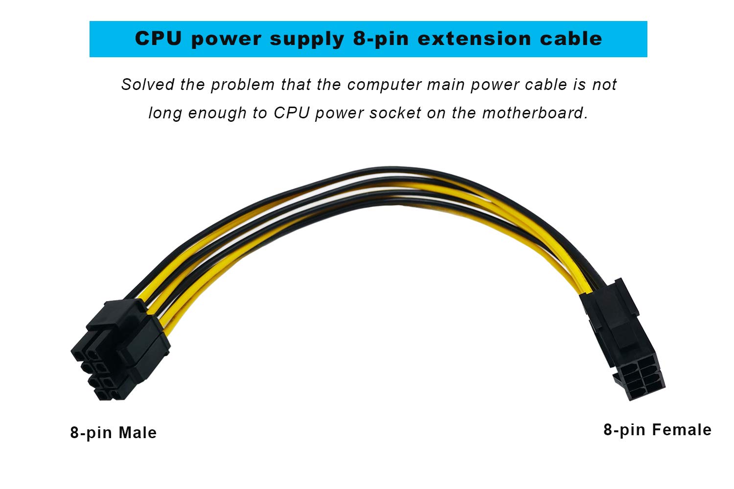 ZLKSKER 8 Pin CPU Power Cable/Adapter (8 Inch, 18AWG), 8 Pin Male (4+4) to 8 Pin Female Connector, ATX 12V Internal Power Extension Cable