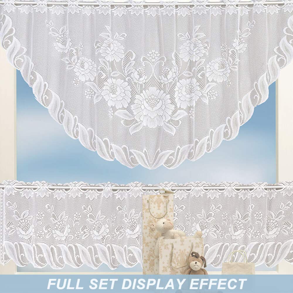 WUBODTI White Lace Swag Valance Curtains for Living Room Kitchen Windows, Sheer Embroidery Floral Window Valances Hollow Knitted Scalloped Curtain for Dinning Room Cafe, 63" Wx24 H