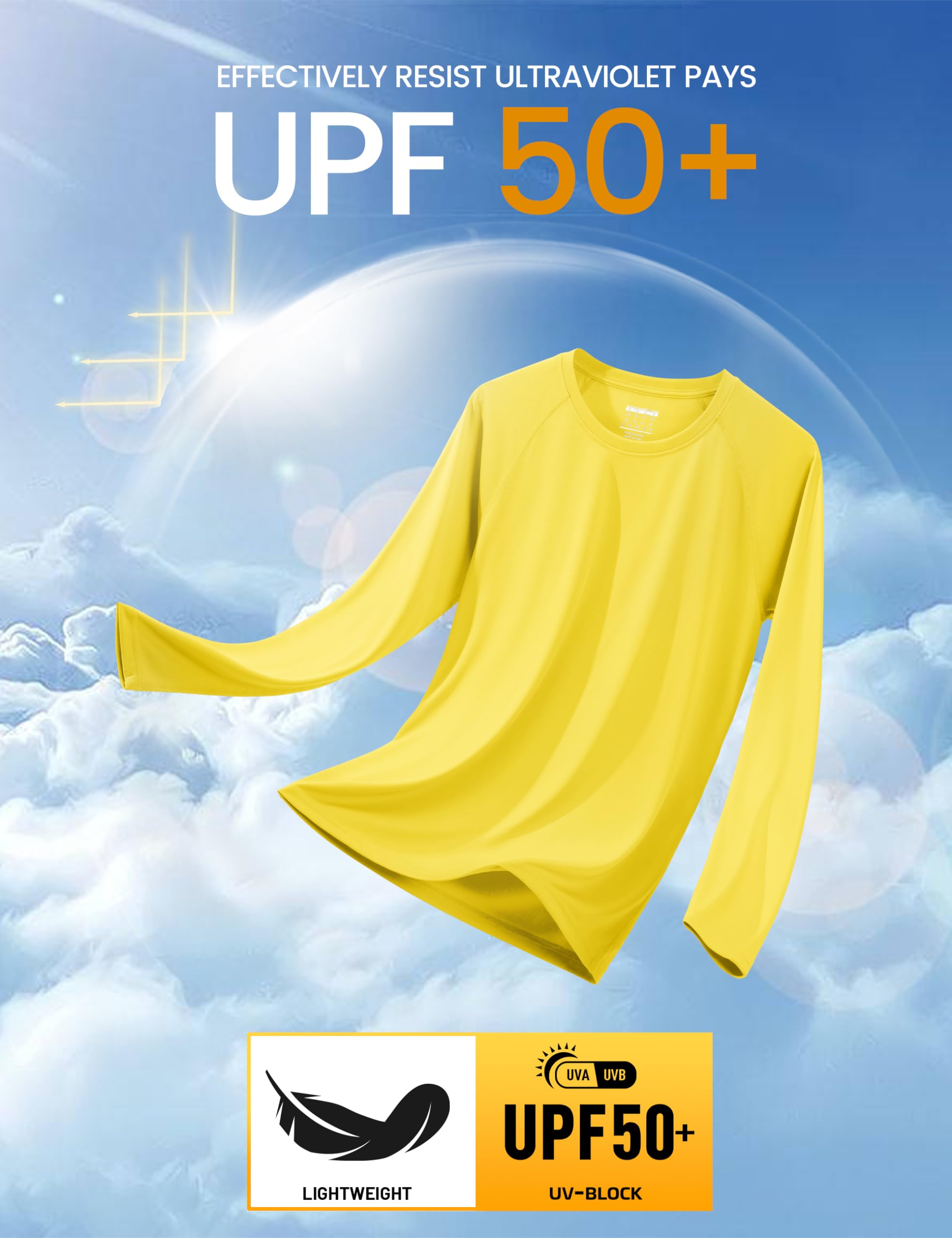 Men's Long Sleeve UPF 50 Workout Shirt - Athletic, Fishing, Hiking, Swimming - Yellow, MAGCOMSEN