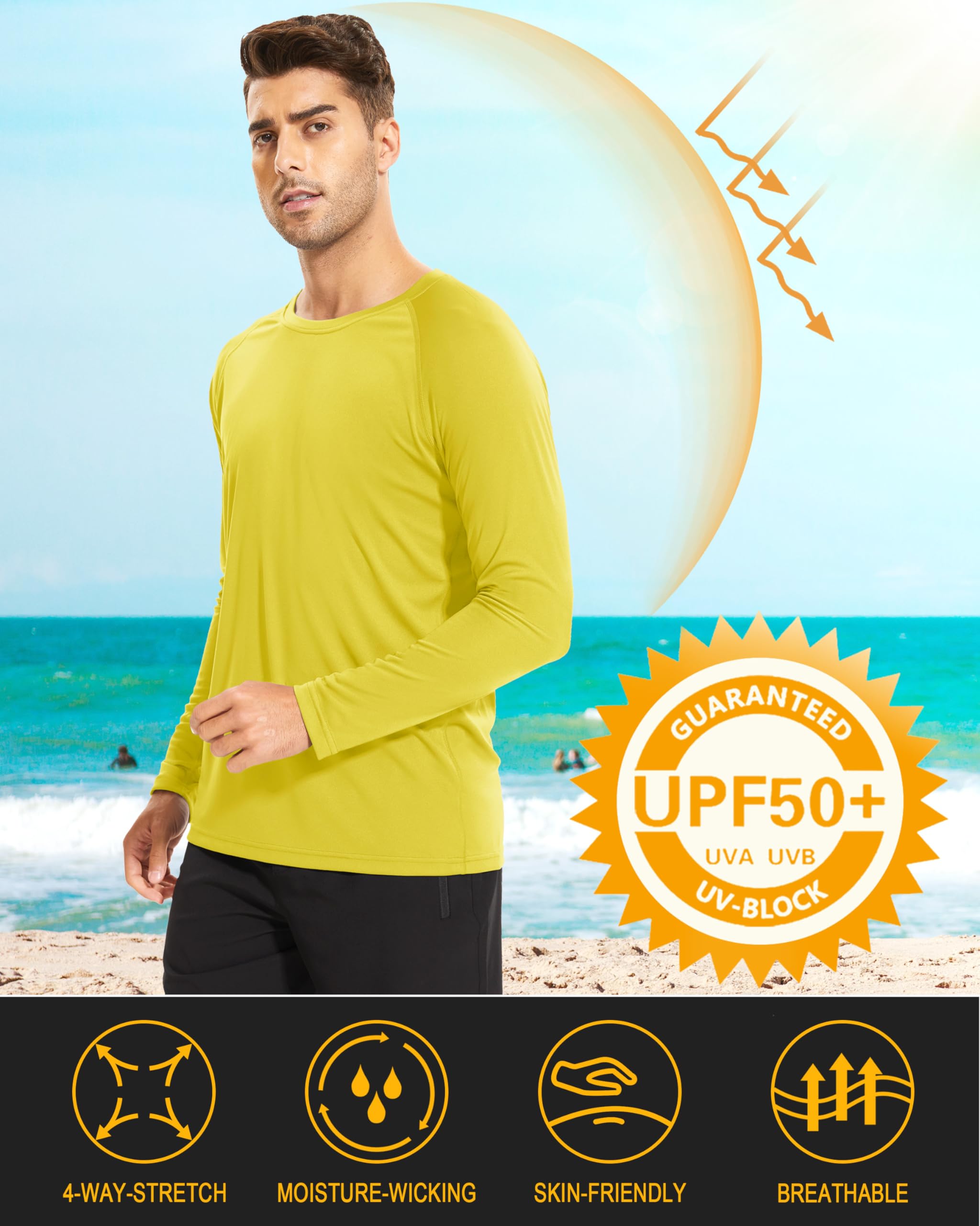 Men's Long Sleeve UPF 50 Workout Shirt - Athletic, Fishing, Hiking, Swimming - Yellow, MAGCOMSEN