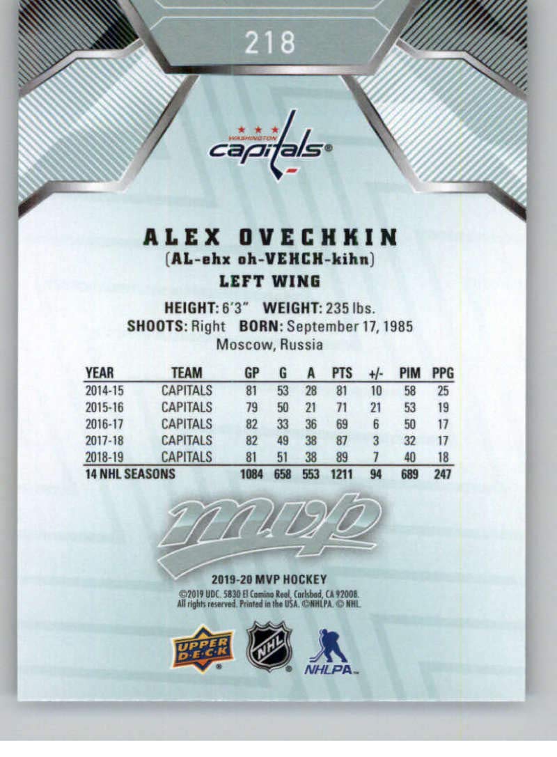 2019-20 Upper Deck MVP Hockey #218 Alexander Ovechkin Washington Capitals Official NHL Trading Card from UD