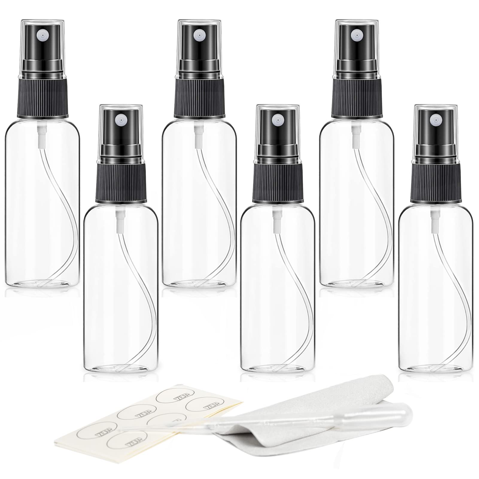 ZEJIA 1 oz Spray Bottle, 6 Pack Mini Spray Bottles, 30ml Small Spray Bottle Fine Mist Spray Bottles for Essential Oils, Travel, Perfumes, with Stickers, Tissues, Droppers