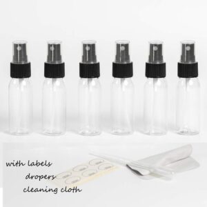 ZEJIA 1 oz Spray Bottle, 6 Pack Mini Spray Bottles, 30ml Small Spray Bottle Fine Mist Spray Bottles for Essential Oils, Travel, Perfumes, with Stickers, Tissues, Droppers