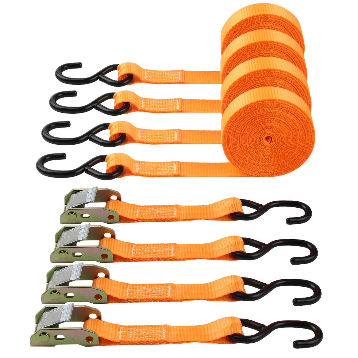 Tie-Down Cam Straps, JCHL Ratchet Tie Down Straps 1" x20' Lashing Straps Cargo Tie Down Strap Polyester Webbing Coated S-Hooks Cambuckle Metal Buckles 1000lbs Capacity Securing Straps (Pack of 4)