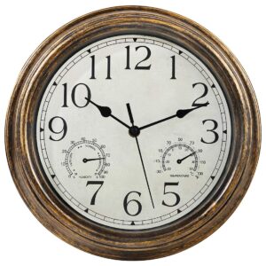 yumt 12 inch wall clock with thermometer and hygrometer combo,vintage silent non-ticking battery operated clock wall decorative- bronze