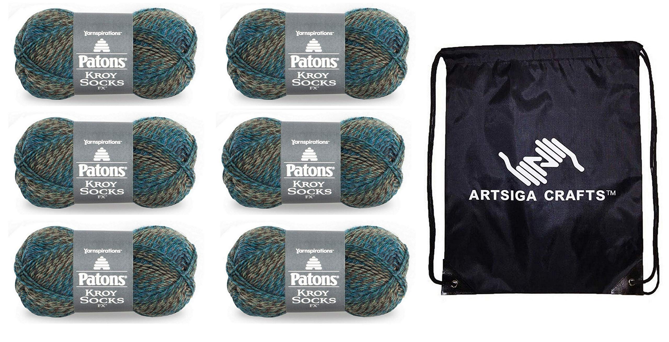 Patons Kroy Socks FX Cascade 243457-57210 (6-Pack - Same Dye Lot) Weight #1 Acrylic Yarn for Crocheting and Knitting - Bundle with 1 Artsiga Crafts Project Bag