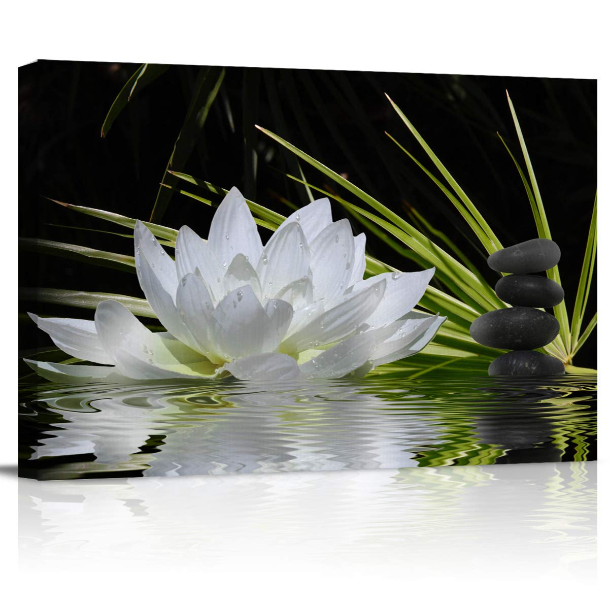 Canvas Wall Art - White Lotus and Black Zen Stones Picture - Modern Wall Decor Gallery Canvas Wraps Giclee Print Stretched and Framed Ready to Hang - 24" x 36"