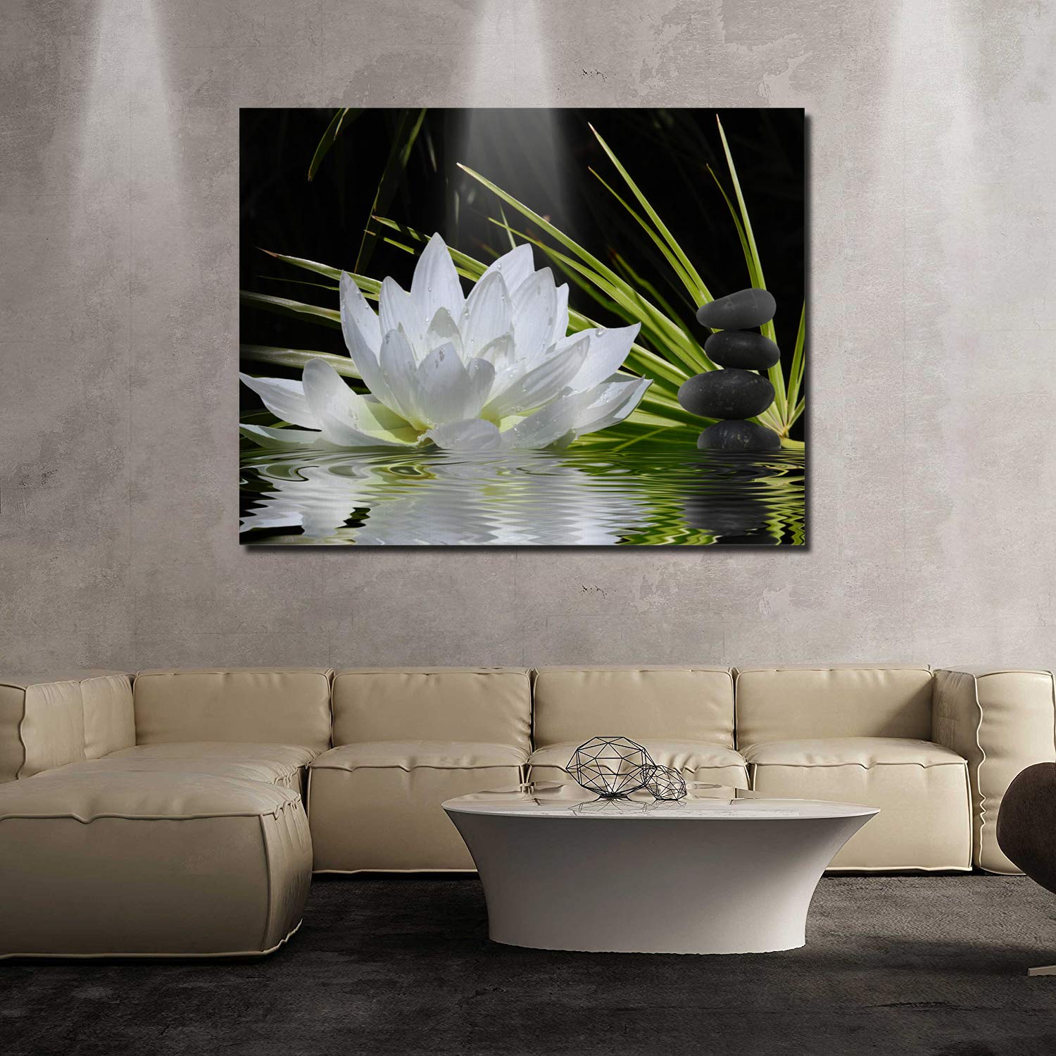 Canvas Wall Art - White Lotus and Black Zen Stones Picture - Modern Wall Decor Gallery Canvas Wraps Giclee Print Stretched and Framed Ready to Hang - 24" x 36"