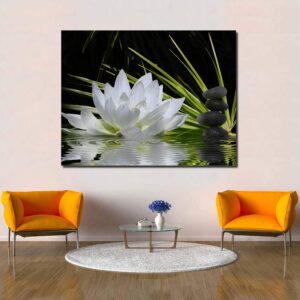 Canvas Wall Art - White Lotus and Black Zen Stones Picture - Modern Wall Decor Gallery Canvas Wraps Giclee Print Stretched and Framed Ready to Hang - 24" x 36"