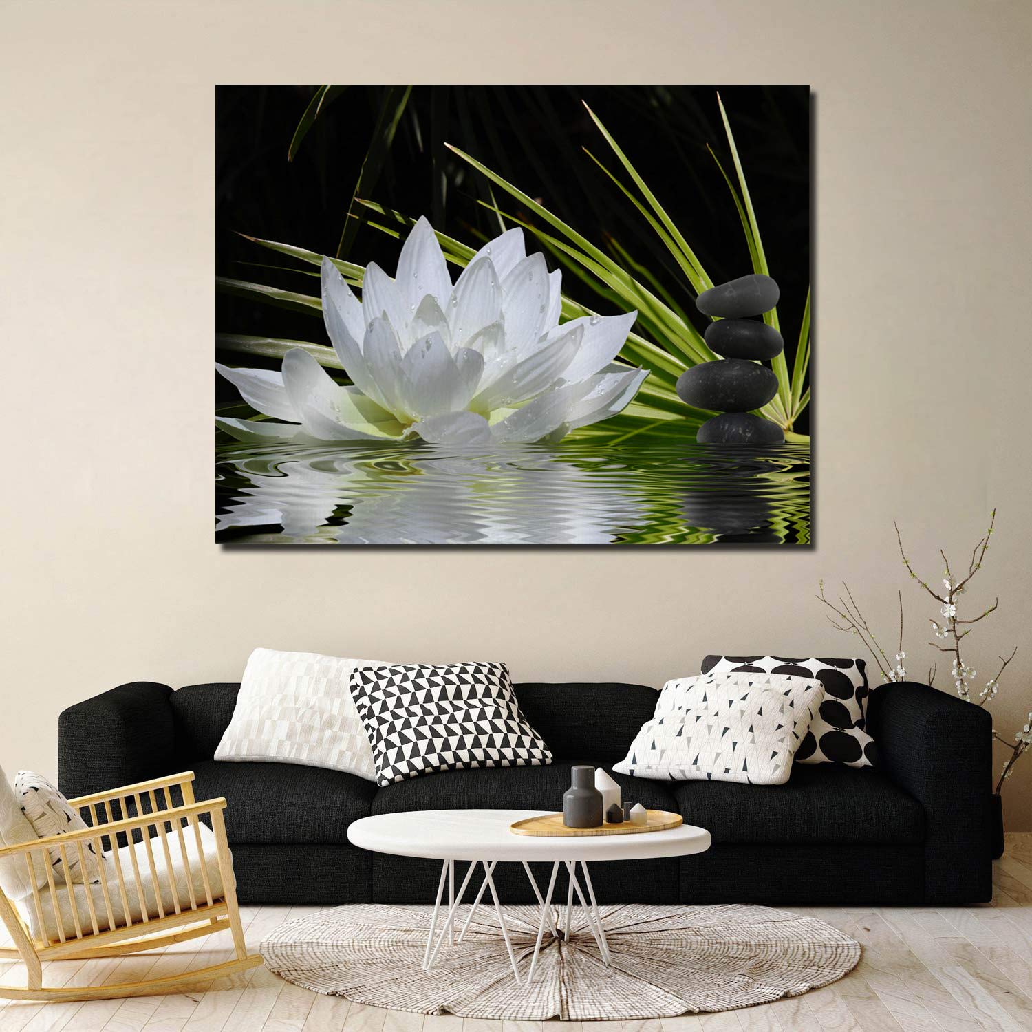 Canvas Wall Art - White Lotus and Black Zen Stones Picture - Modern Wall Decor Gallery Canvas Wraps Giclee Print Stretched and Framed Ready to Hang - 24" x 36"