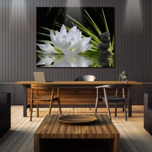 Canvas Wall Art - White Lotus and Black Zen Stones Picture - Modern Wall Decor Gallery Canvas Wraps Giclee Print Stretched and Framed Ready to Hang - 24" x 36"