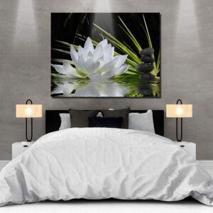 Canvas Wall Art - White Lotus and Black Zen Stones Picture - Modern Wall Decor Gallery Canvas Wraps Giclee Print Stretched and Framed Ready to Hang - 24" x 36"