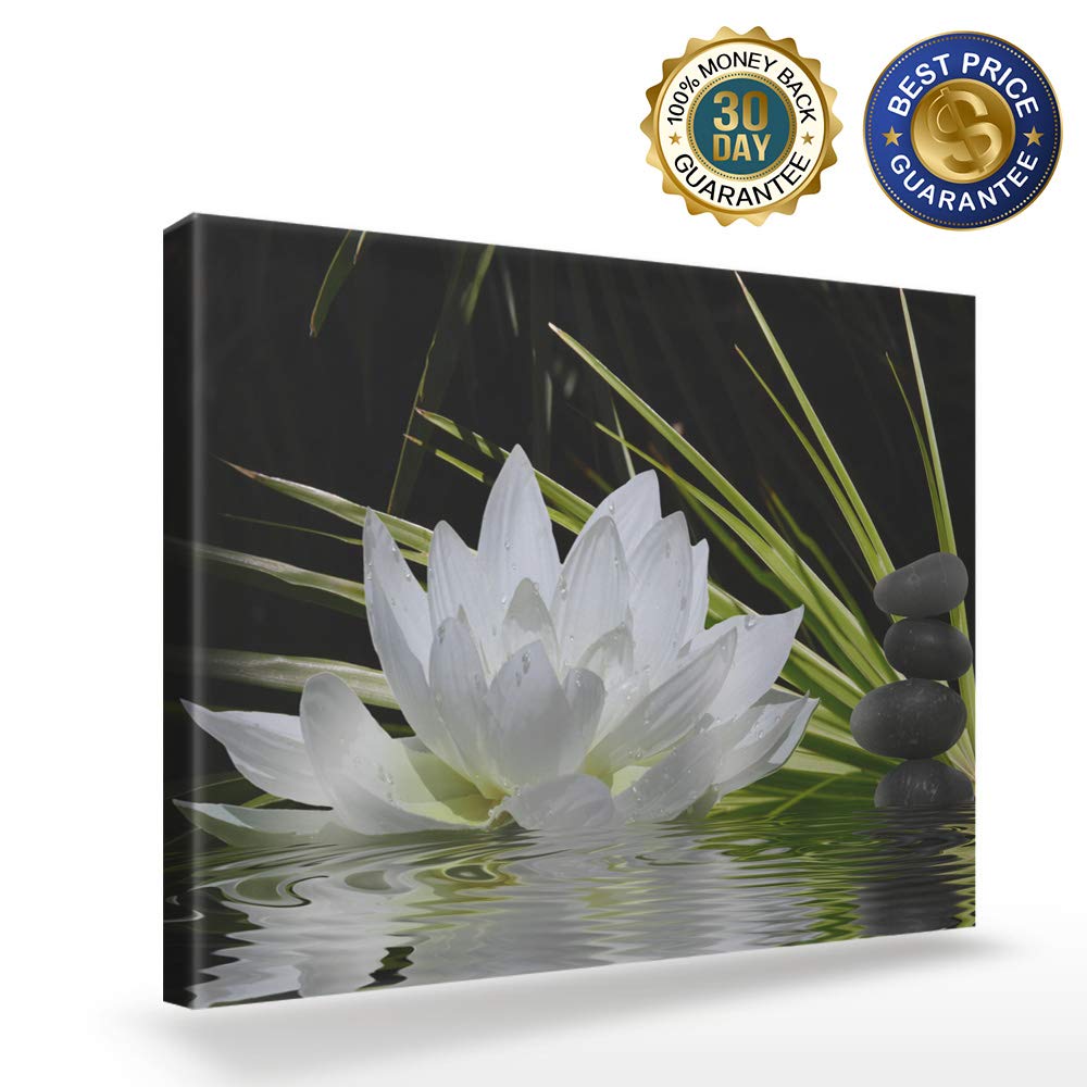 Canvas Wall Art - White Lotus and Black Zen Stones Picture - Modern Wall Decor Gallery Canvas Wraps Giclee Print Stretched and Framed Ready to Hang - 24" x 36"