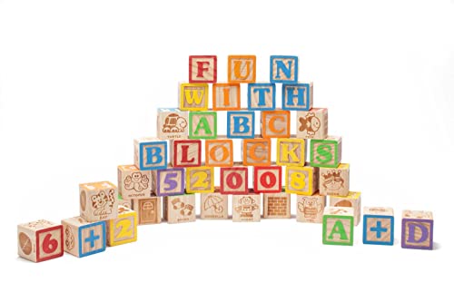 maxim enterprise, inc. Jumbo Wooden ABC Blocks for Toddler Learning, Baby Shower Decoration, Engraved Alphabet and Number Blocks to Stimulate Learning, Creativity, Early Development, 40Pcs