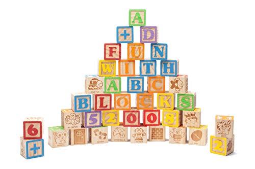 maxim enterprise, inc. Jumbo Wooden ABC Blocks for Toddler Learning, Baby Shower Decoration, Engraved Alphabet and Number Blocks to Stimulate Learning, Creativity, Early Development, 40Pcs