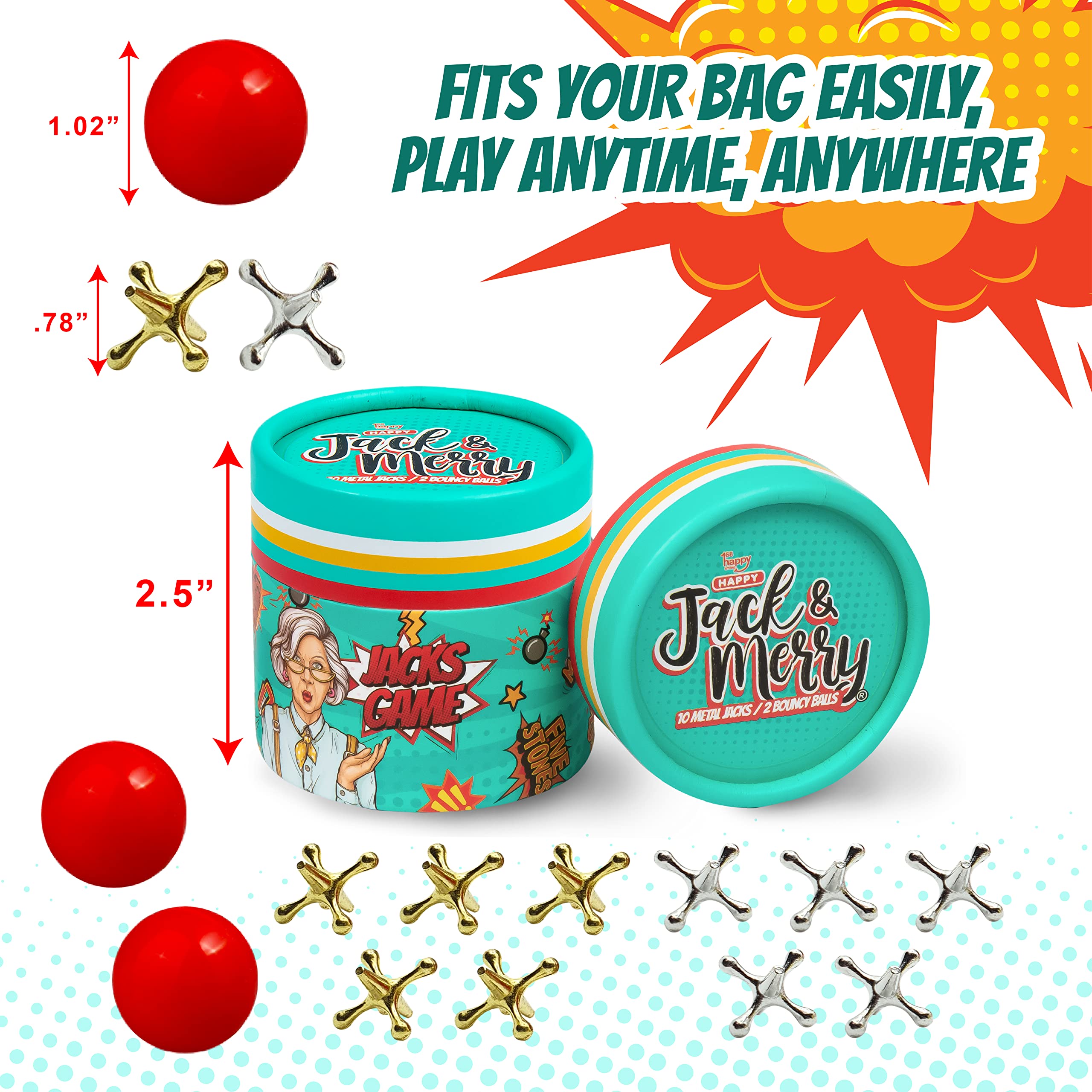 HAPPY JACK & MERRY Metal Jacks Game with Ball Classic Travel Size Fun Toy,Jax and Red Ball for Kids Party Favors and Family Reunion Games and Activities