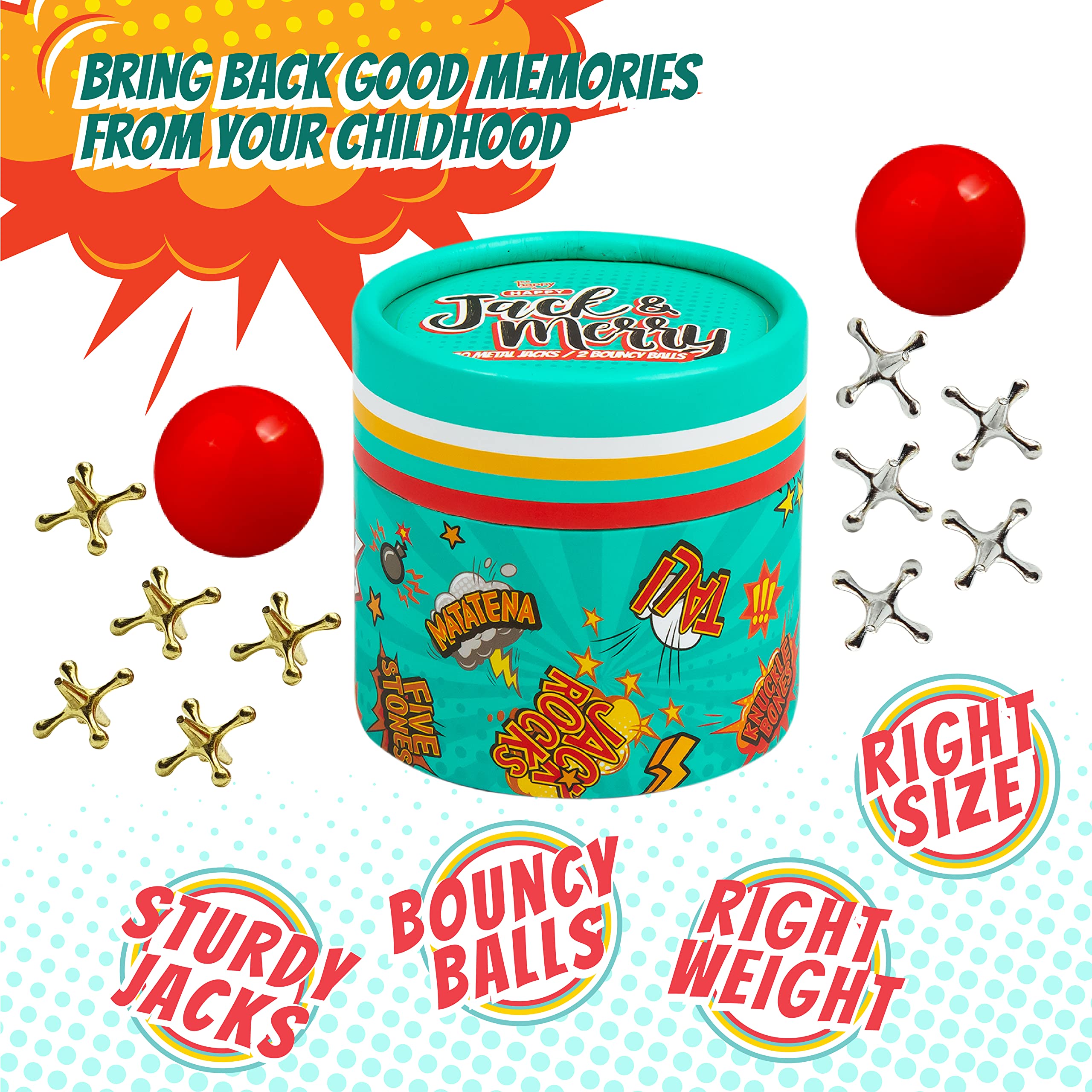 HAPPY JACK & MERRY Metal Jacks Game with Ball Classic Travel Size Fun Toy,Jax and Red Ball for Kids Party Favors and Family Reunion Games and Activities