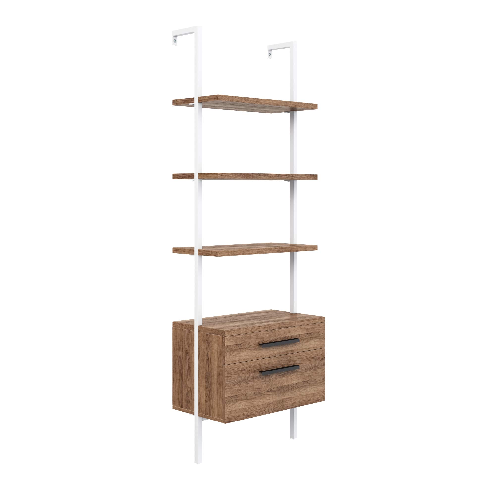 Nathan James Theo Industrial Bookshelf with Wood Drawers and Matte Steel Frame, 3-Shelf, Oak/White