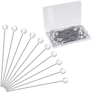 Corsage Boutonniere Pins Faux Pearl Head Pins Wedding Bouquet Pins White Straight Pins for Sewing Craft Wedding Decorations (100 Pieces with 1 Box)