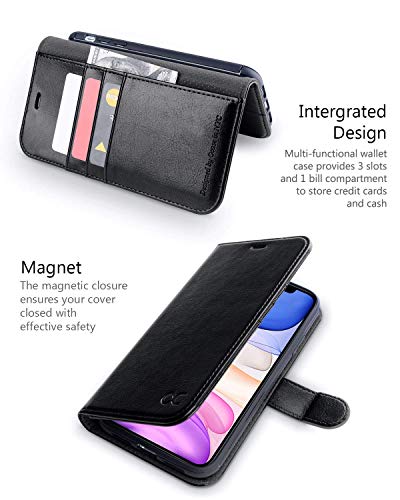 OCASE iPhone 11 Cellular Phone Case, PU Leather Flip Case with Card Holder, Magnetic Closure, TPU Shockproof Interior for 6.1 Inch iPhone 11 (Black)