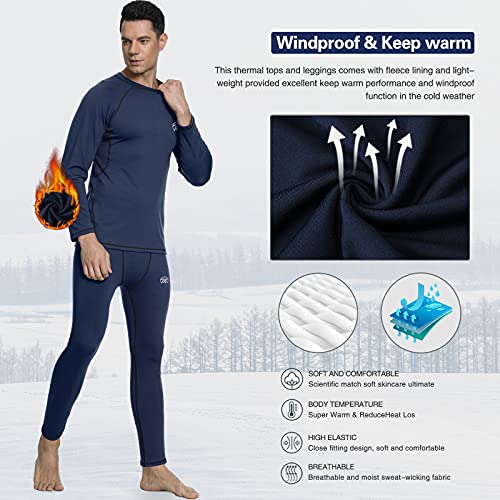 MeetHoo Men's Compression Base Layers Long Johns Winter Gear with Fleece Lined for Skiing, Blue, Medium