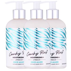 coochy plus intimate shaving cream moisturizing plus coco allure for pubic, bikini line, armpit - rash-free with patent-pending formula – prevents razor burns & bumps, in-grown hairs, itchiness 3 pack