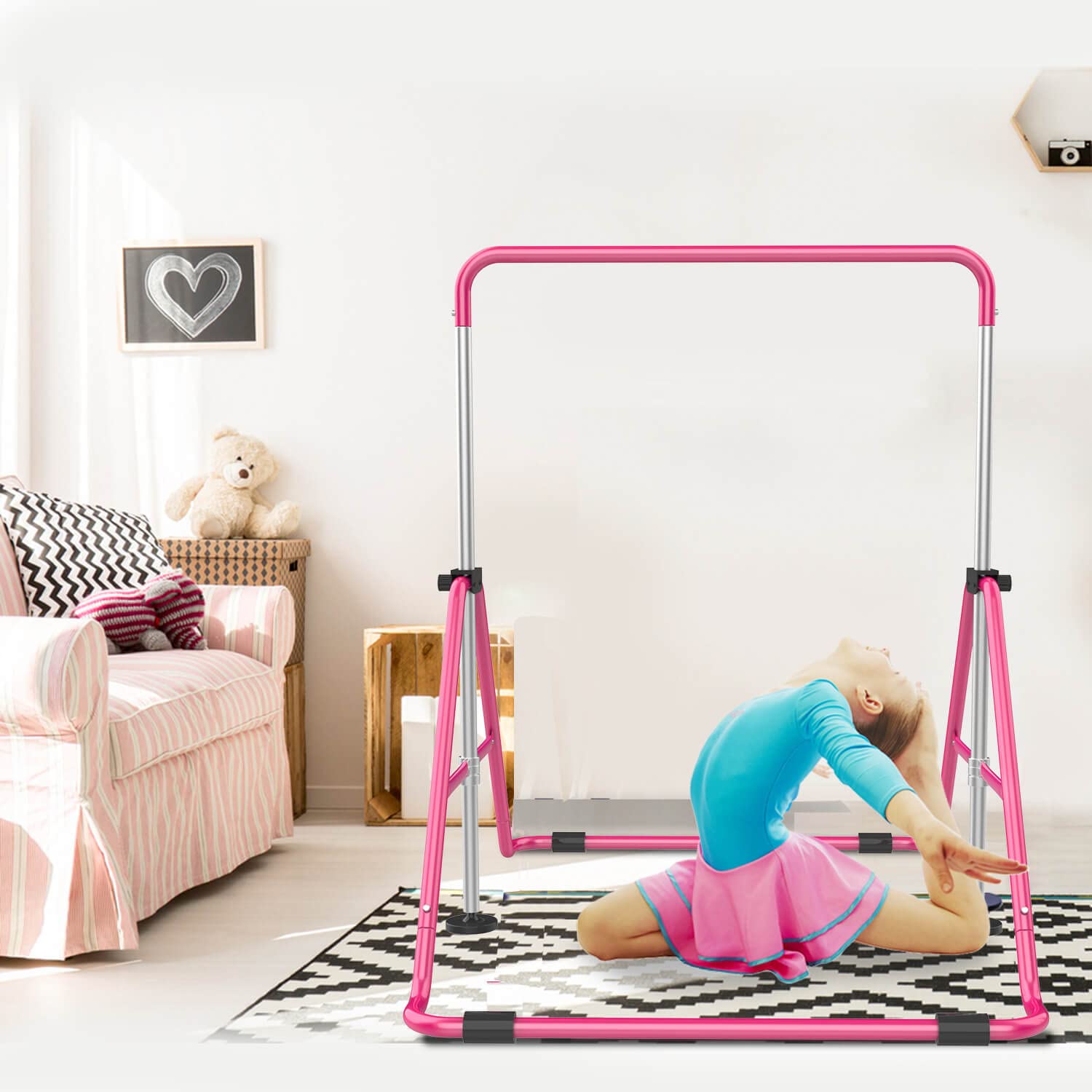 RINREA Gymnastic Bars for Kids with Adjustable Height, Folding Gymnastic Training Kip Bar, Junior Expandable Horizontal Monkey Bar for Home