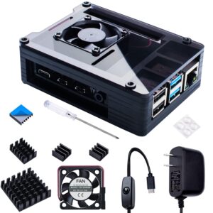 smraza compatible with raspberry pi 4 case, acrylic case with 35 x 35 mm cooling fan, 4pcs heatsinks, 5.1v 3a usb-c power supply for raspberry pi 4 model b (upgrade, large fan and large heat sinks)