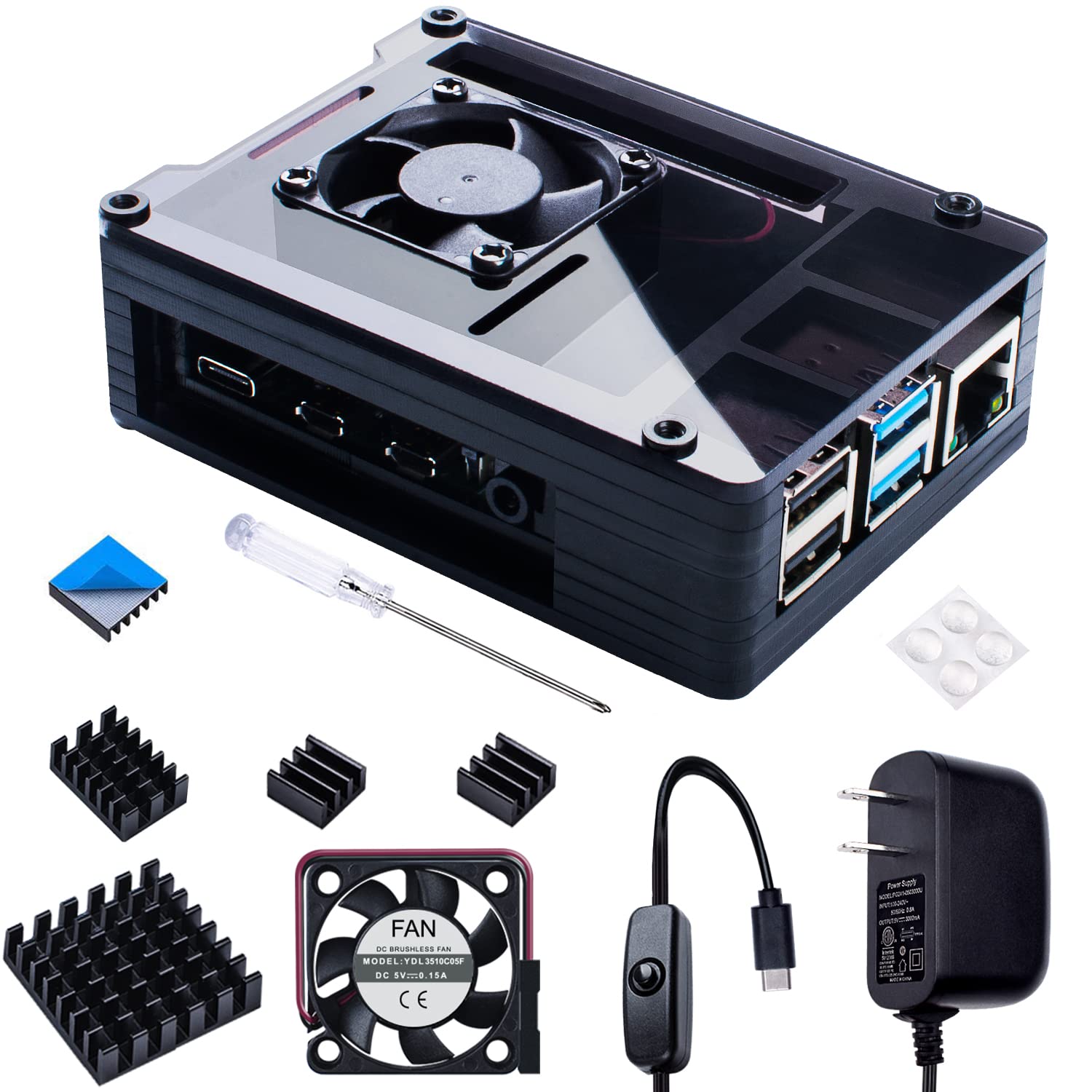 Smraza Compatible with Raspberry Pi 4 Case, Acrylic Case with 35 x 35 mm Cooling Fan, 4PCS Heatsinks, 5.1V 3A USB-C Power Supply for Raspberry Pi 4 Model B (Upgrade, Large Fan and Large Heat Sinks)