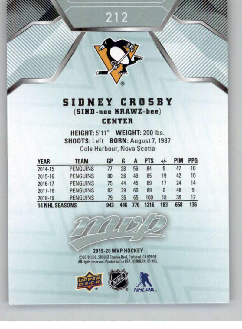 2019-20 Upper Deck MVP Hockey #212 Sidney Crosby Pittsburgh Penguins Official NHL Trading Card from UD