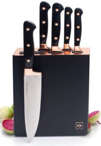 copper knife set, a knife set with sharpener built-in, upright 7-piece rose gold knife set - self sharpening knife set with block, rose gold kitchen accessories