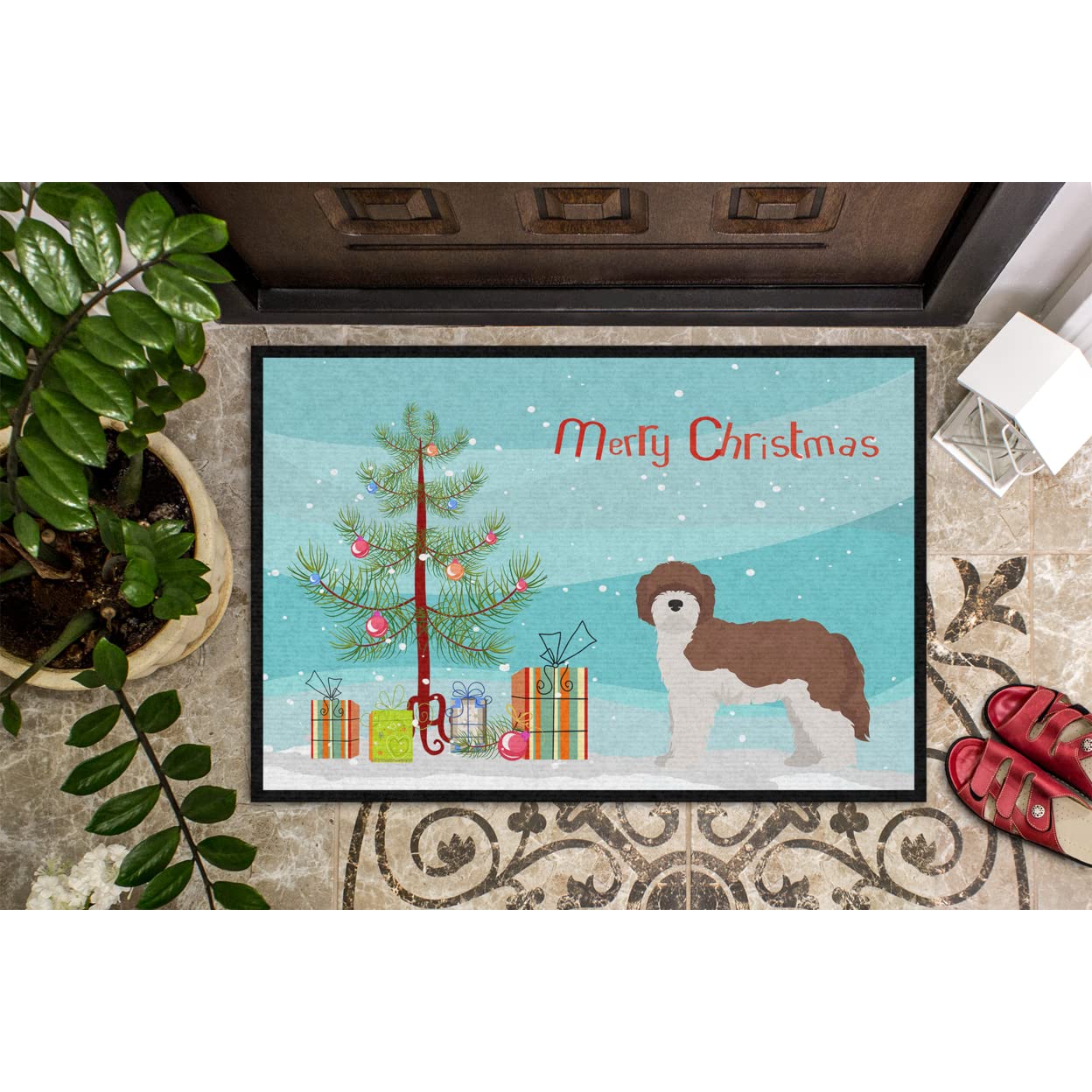 Caroline's Treasures CK3867JMAT Sheepadoodle Christmas Tree Doormat 24x36 Front Door Mat Indoor Outdoor Rugs for Entryway, Non Slip Washable Low Pile, 24H X 36W