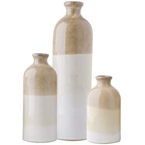 teresa's collections beige vase set, rustic farmhouse ceramic vases for mantel decor, decorative flower vases for centerpieces, shelf, living room, ideal gifts for fathers day and dad-set of 3, 10"