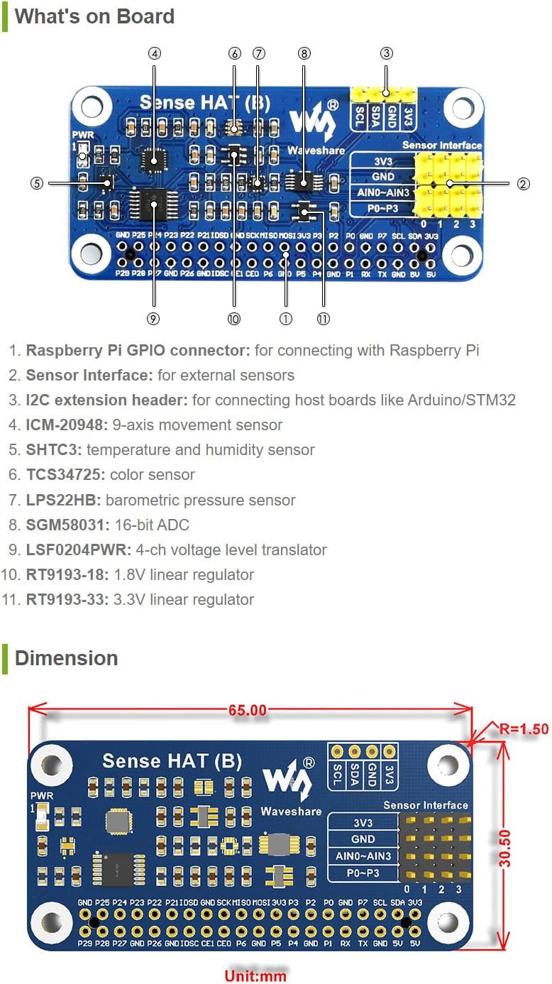 Waveshare Sense HAT (B) for Raspberry Pi Onboard Multi Powerful Sensors Supports External Sensors