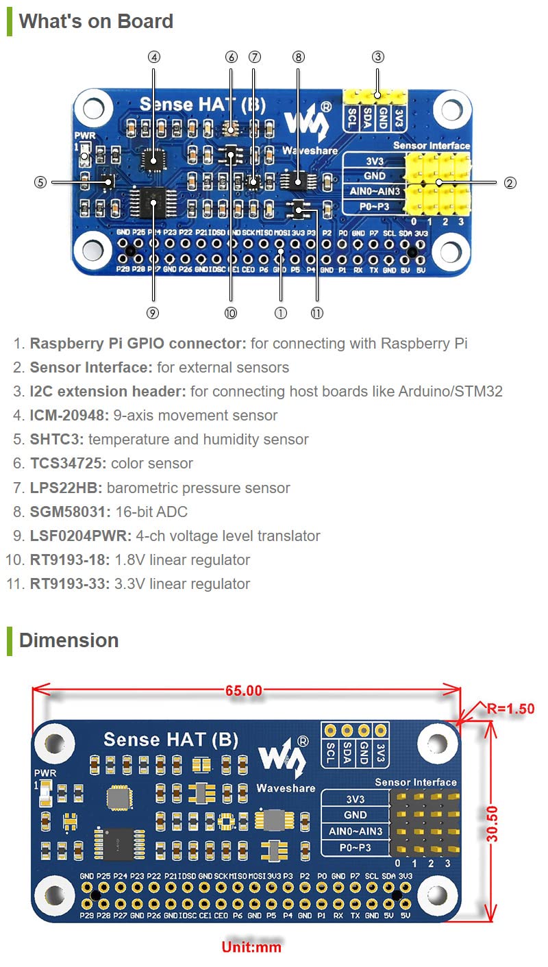 Waveshare Sense HAT (B) for Raspberry Pi Onboard Multi Powerful Sensors Supports External Sensors